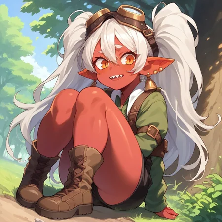 score_9, score_8_up, score_7_up, 1girl, solo, goblin girl,, red skin, orange eyes,, twintails, white hair, sharp tooth, nervous expression, ear piercing, earrings, long pointy ears, plump, cute, looking at viewer, engineer uniform, little female, forest background, legs, full body, dutch angle, goggles over head