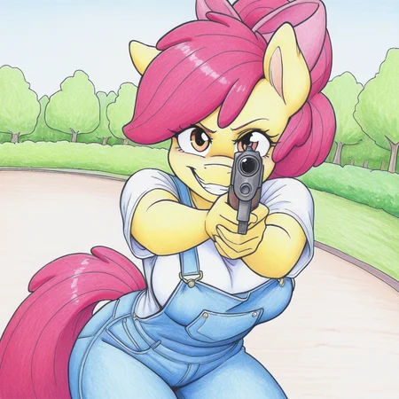 enchance,masterpiece, best quality, amazing quality,byFlickerShow, furry,furry female, 1girl,solo,apple bloom, pony,holding gun, aiming at viewer, grin,park,yellow fur,white shirt, overalls, <lora:Flicker-Show:1.0>