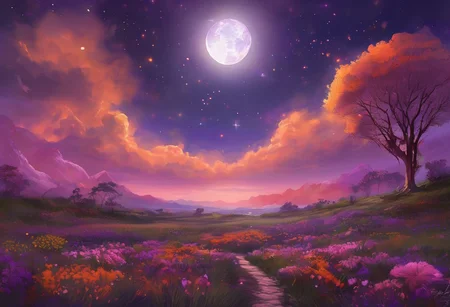 Expansive landscape photograph, (view from below with a view of the sky and the wilderness below), standing in a flower field looking up, (full moon: 1.2), (shooting star: 0.9), (nebula: 1.3), distant mountain, tree break production art, (warm light source: 1.2), (firefly: 1.2), lamp, purple and orange, intricate detail, volume lighting BREAK (masterpiece: 1.2), (highest quality ), 4k, ultra-detailed,