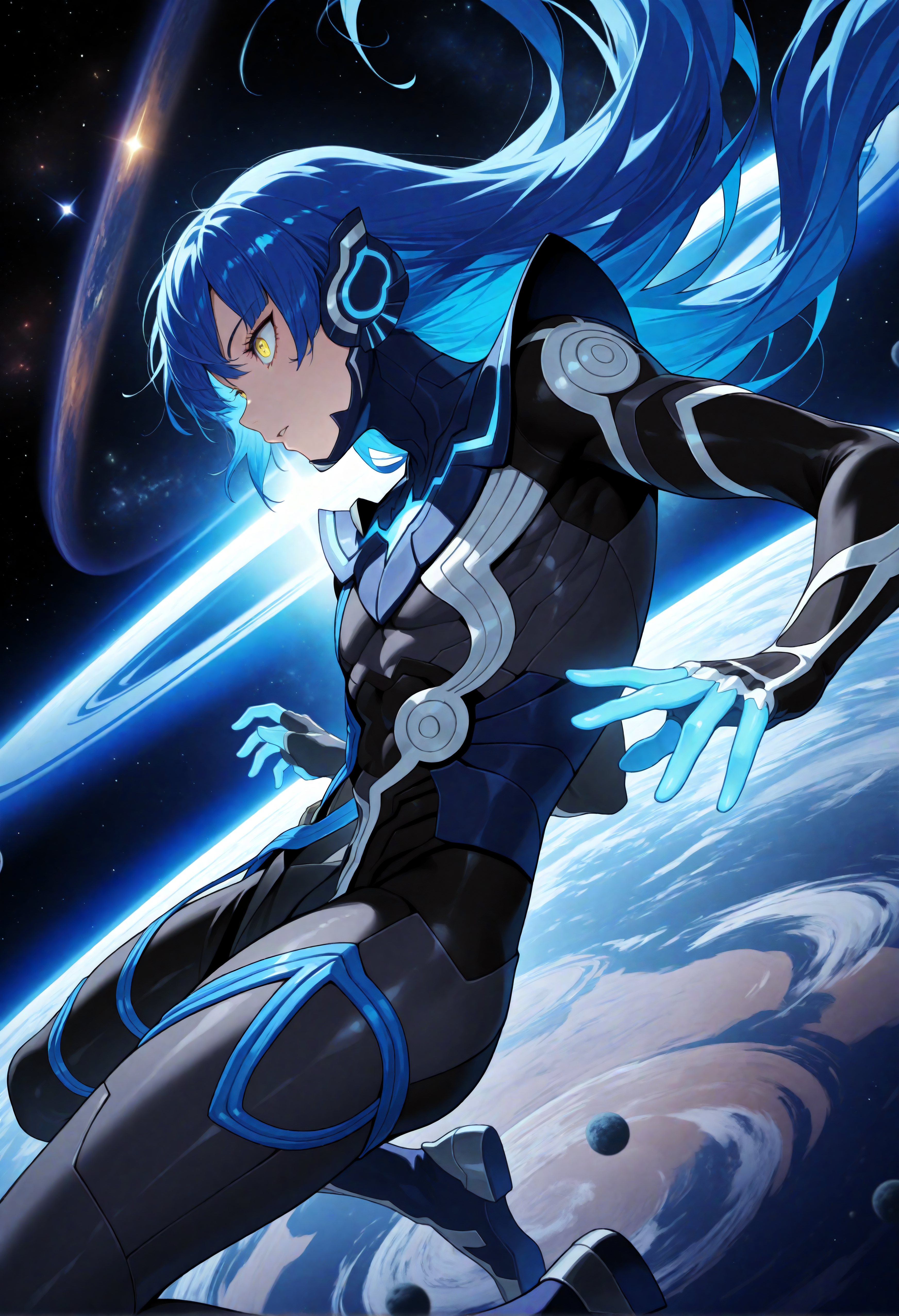 masterpiece, best quality, amazing quality, very aesthetic, <lora:noobai_vpred_1_aqm_complete_v3:1>, high resolution, 1boy, androgynous, solo, <lora:NahobinoSMTV_NoobVpred10_v1:0.9>, susabiNoob, blue hair, long hair, yellow eyes, bodysuit, armor, space, gray floor