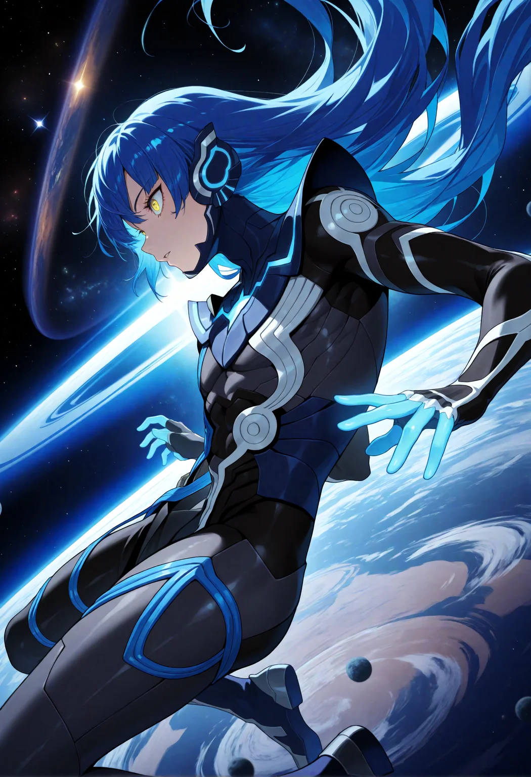 masterpiece, best quality, amazing quality, very aesthetic, <lora:noobai_vpred_1_aqm_complete_v3:1>, high resolution, 1boy, androgynous, solo, <lora:NahobinoSMTV_NoobVpred10_v1:0.9>, susabiNoob, blue hair, long hair, yellow eyes, bodysuit, armor, space, gray floor