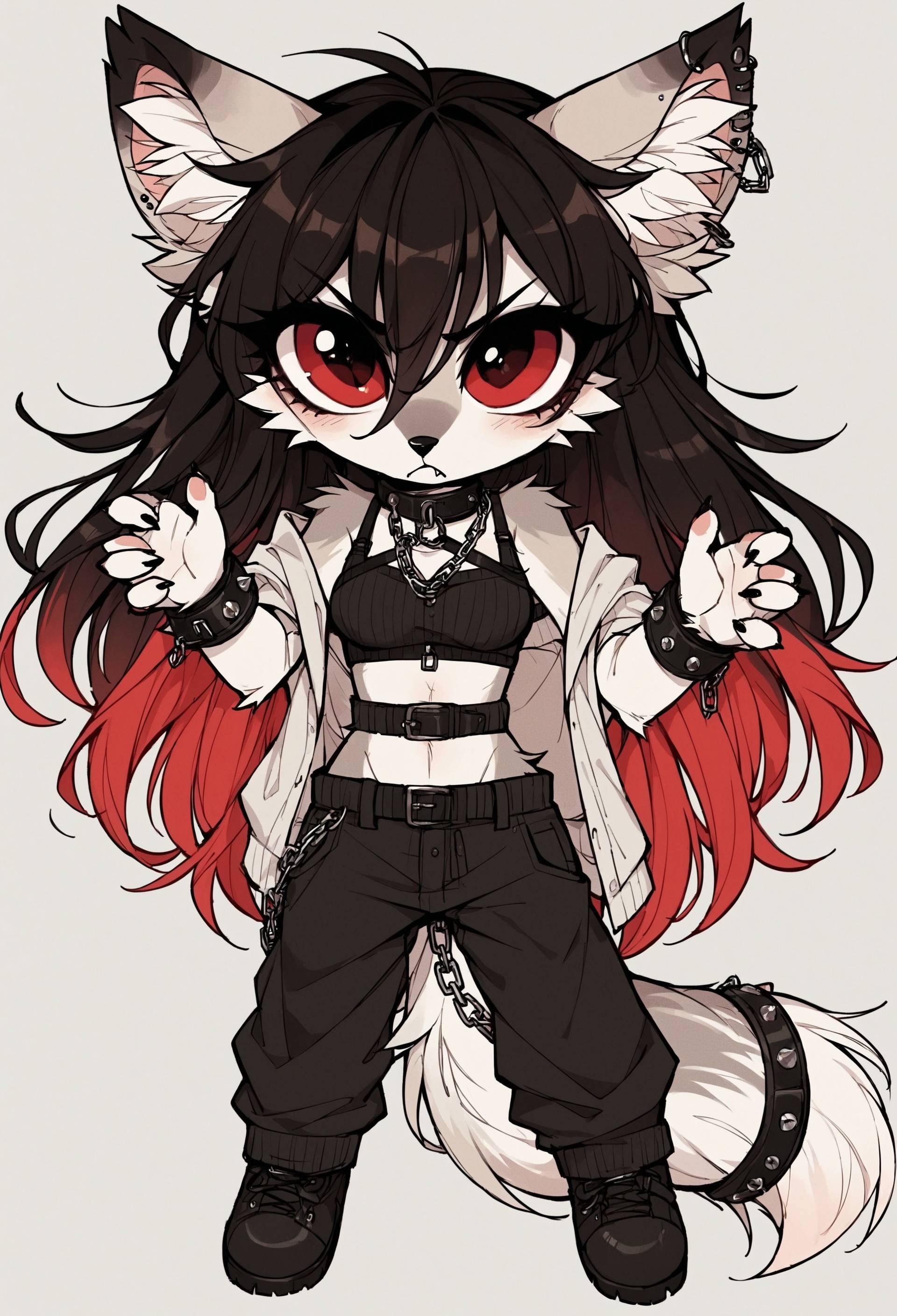 safe_pos, score_9_up, score_8_up, score_7_up, score_6_up, source_furry, (best quality:1.1), ultra-detailed, high resolution, highly detailed macro illustration, solo BREAK 1girl, Rixa, anthro, female, (gray and white fur), shiny, animal ears, black ear tips, fluff in ears, thin black eyebrows, black animal nose, (beautiful red eyes:1.4), (long eyelashes:1.2), black hair, red tipped hair, long hair, striped fluffy tail, slim, narrow waist, breasts, fangs, piercing, sharp teeth, close-up,, (angry expression, cute face:1.2), (frown) BREAK mikus-concept, full body, big eyes, BREAK indoors, ceiling, chain, looking at viewer, hands up