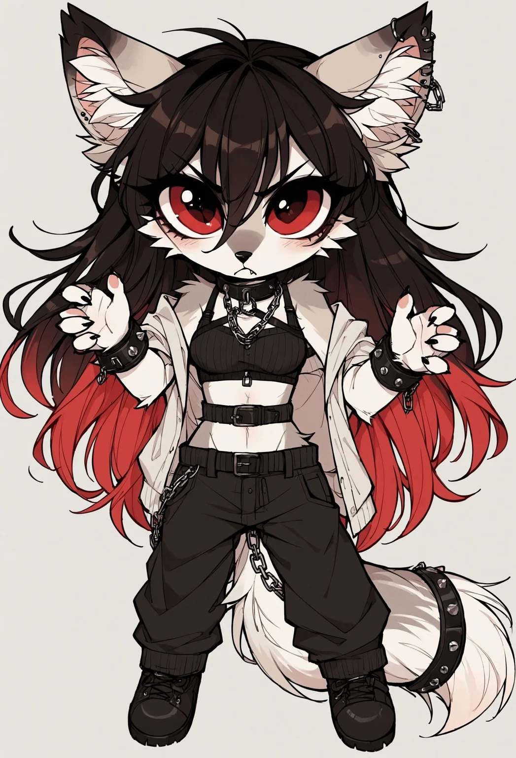 safe_pos, score_9_up, score_8_up, score_7_up, score_6_up, source_furry, (best quality:1.1), ultra-detailed, high resolution, highly detailed macro illustration, solo BREAK 1girl, Rixa, anthro, female, (gray and white fur), shiny, animal ears, black ear tips, fluff in ears, thin black eyebrows, black animal nose, (beautiful red eyes:1.4), (long eyelashes:1.2), black hair, red tipped hair, long hair, striped fluffy tail, slim, narrow waist, breasts, fangs, piercing, sharp teeth, close-up,, (angry expression, cute face:1.2), (frown) BREAK mikus-concept, full body, big eyes, BREAK indoors, ceiling, chain, looking at viewer, hands up