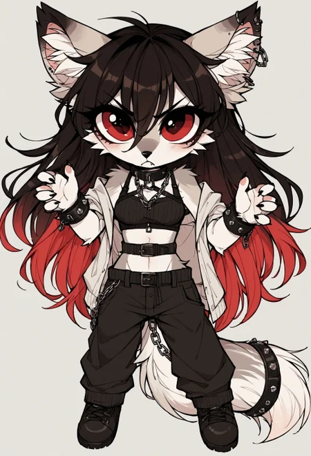safe_pos, score_9_up, score_8_up, score_7_up, score_6_up, source_furry, (best quality:1.1), ultra-detailed, high resolution, highly detailed macro illustration, solo BREAK 1girl, Rixa, anthro, female, (gray and white fur), shiny, animal ears, black ear tips, fluff in ears, thin black eyebrows, black animal nose, (beautiful red eyes:1.4), (long eyelashes:1.2), black hair, red tipped hair, long hair, striped fluffy tail, slim, narrow waist, breasts, fangs, piercing, sharp teeth, close-up,, (angry expression, cute face:1.2), (frown) BREAK mikus-concept, full body, big eyes, BREAK indoors, ceiling, chain, looking at viewer, hands up