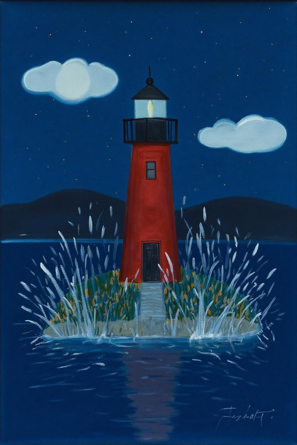 mawo1 painting
A painting depicting a serene, dreamy night scene in a stylized, abstract manner. 
a red lighthouse on a small island in the middle of a body of water. The lighthouse is painted in shades of red, with a black railing around the top of the lighthouse and a white light at the top. The light is surrounded by a blue sky that is filled with white clouds. The water is splashing around the lighthouse, creating a splashing effect on the surface of the water. 
 <lora:mawo1_cap_d6a3e12:1.0><lora:821412843535653544:0>