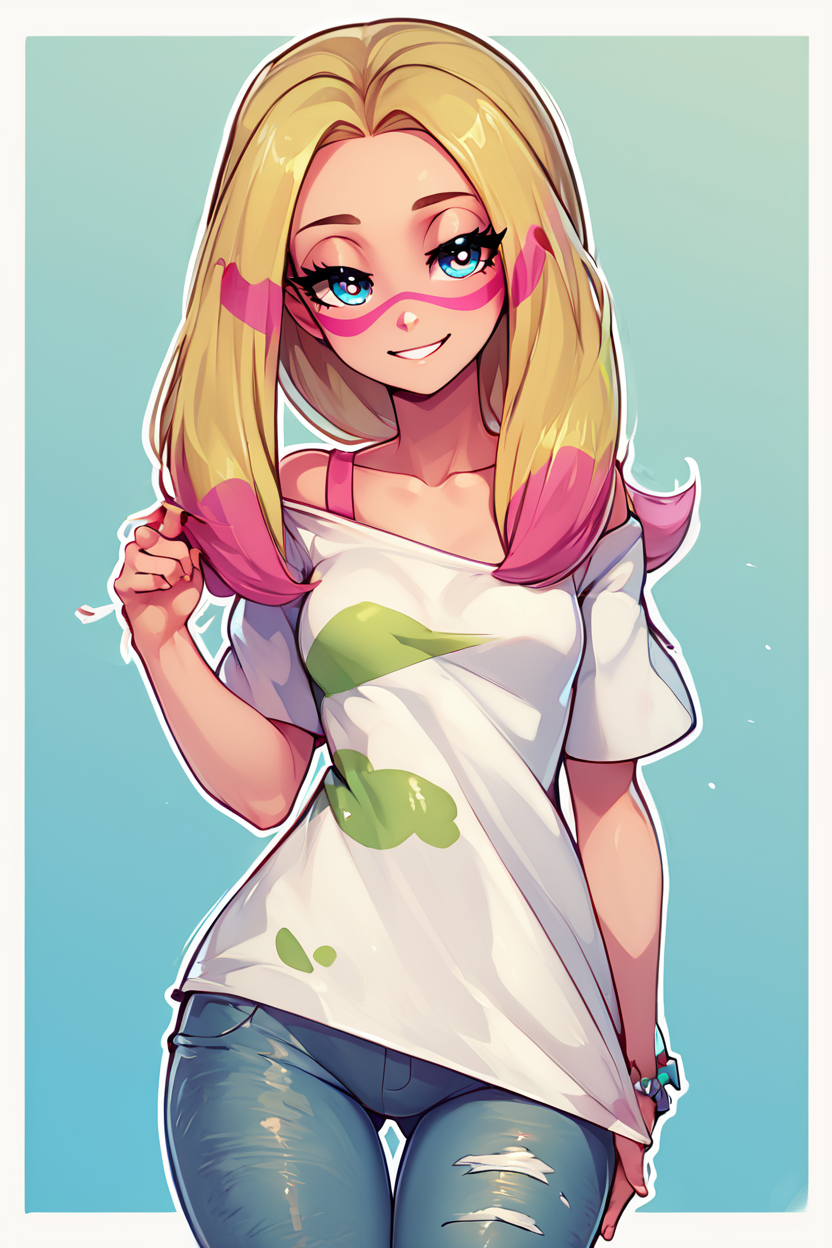 score_9, score_8_up, score_8, medium breasts, (curvy), cute, eyelashes,       BREAK, , zzMina,  long hair, eyelashes, half-closed eyes, facepaint,  collarbone, white shirt, oversized shirt, off shoulder, short sleeves, torn clothes, torn pants, jeans, <lora:Mina_Pokemon_PDXL_Citron:0.8>, , BREAK, smile, looking at viewer,  abstract background, white outline, cowboy shot, embedding:zPDXL, Expressiveh, <lora:CatalystStylePDXL:0.6>,  <lora:SDXLFaeTastic2400:0.5>,  <lora:Expressive_H-000001:0.4>,