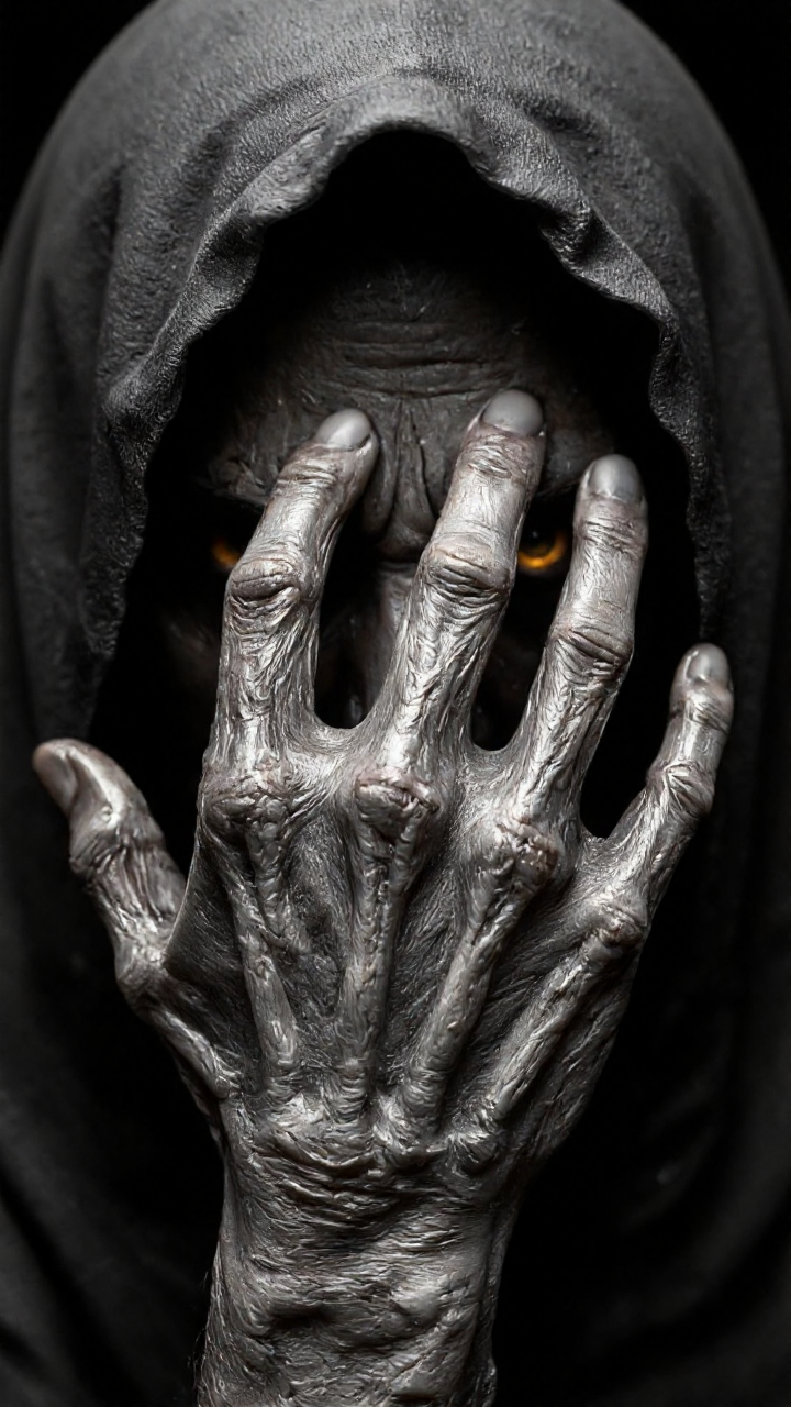 highly detailed, digitally created artwork that depicts a close-up of an elderly hand, partially obscured by a hooded figure. The hand, which is gnarled and aged, has long, bony fingers with prominent veins and wrinkles, giving it a skeletal appearance. The fingers are positioned in front of the face, with the index finger covering the right eye and the thumb partially covering the left eye, creating a sense of mystery and intrigue. The eyes that are visible are large, yellow, and glowing, with a piercing intensity that adds to the eerie atmosphere. The face beneath the hood is not fully visible but appears to be dark and shadowy, with a hint of a grimacing expression. The hood itself is dark, blending into the background, which is also dark and indistinct, enhancing the feeling of suspense and secrecy. The texture of the skin on the hand is rough and leathery, adding to the realism and creepiness of the image. The overall mood is dark and foreboding, evoking a sense of the macabre and the supernatural.,aidmaimageupgrader, aidmaMJ6.1 <lora:aidmaMJ6.1-FLUX-v0.5:0.7> <lora:aidmaImageUprader-FLUX-v0.3:0.4>