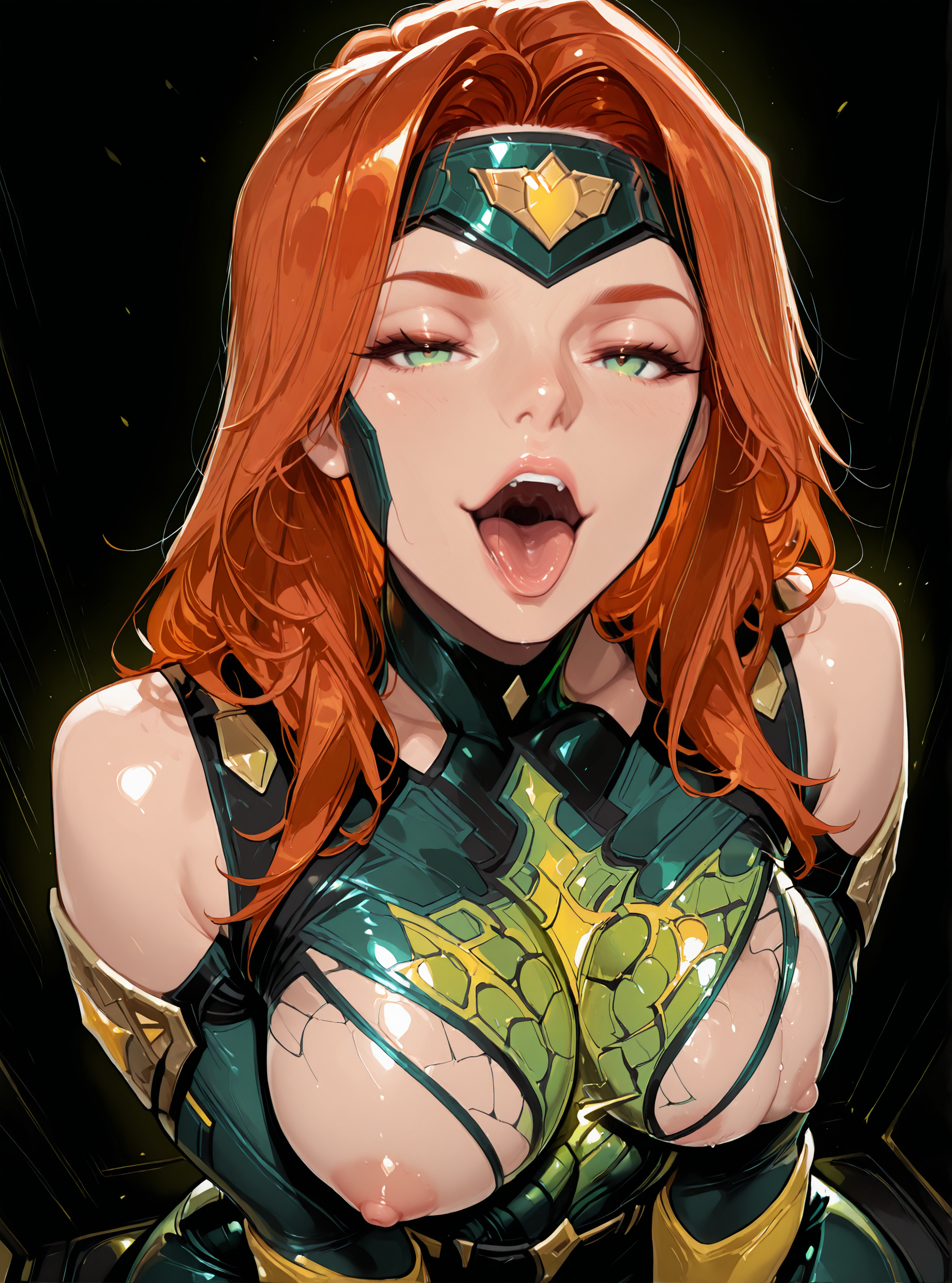 (masterpiece), (best quality), 1girl, solo, jean grey \(marvel_rivals\), (source_anime), (source_cartoon), looking at viewer, v-shaped eyebrows, (standing), front view, straight posture, (sharp lines), smile, large breasts, glowing freckled skin, (emerald green eyes), (orange hair), collarbone, (mature_female), forehead, long hair, forehead protector, shoulder armor, armored bodysuit, multicolored bodysuit, black bodysuit, green bodysuit, yellow bodysuit, yellow gloves, flame, natural colors, <lora:JeanGreyillusApexAi:1>, black background, oral invitation, half-closed eyes, bare shoulders, hair between eyes, from above, upper body, nipples, sitting, <lora:OralInvitation:1>, open mouth, <lora:noobai_vpred_1_masterpieces_v23:1>