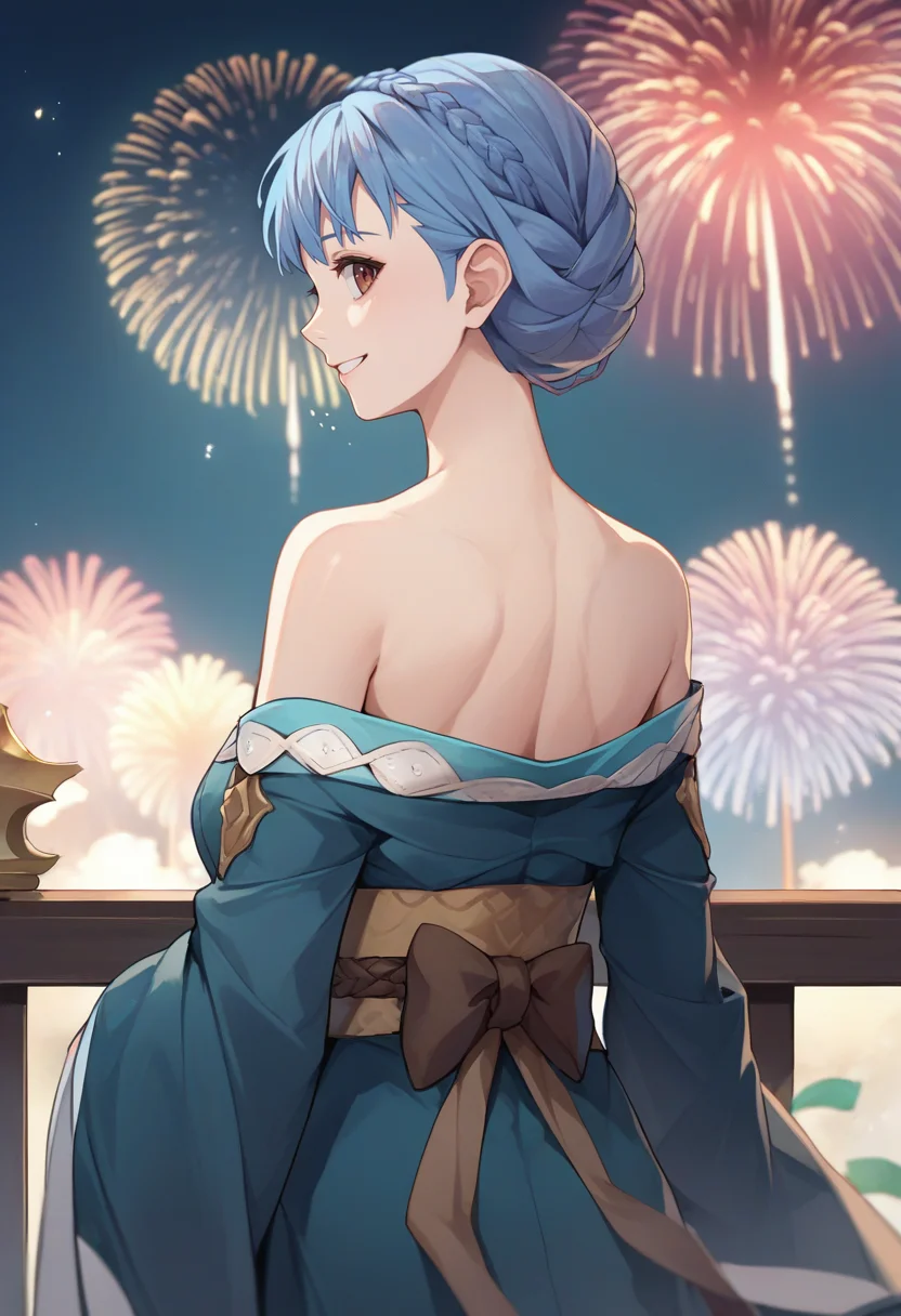 score_9, score_8_up, score_7_up, source_anime, from behind, 1girl, mariannernd, smile, looking back, crown braid, blue kimono, off shoulder, brown sash, bare shoulders, fireworks <lora:fireemblem_marianne_ponyXL:1>