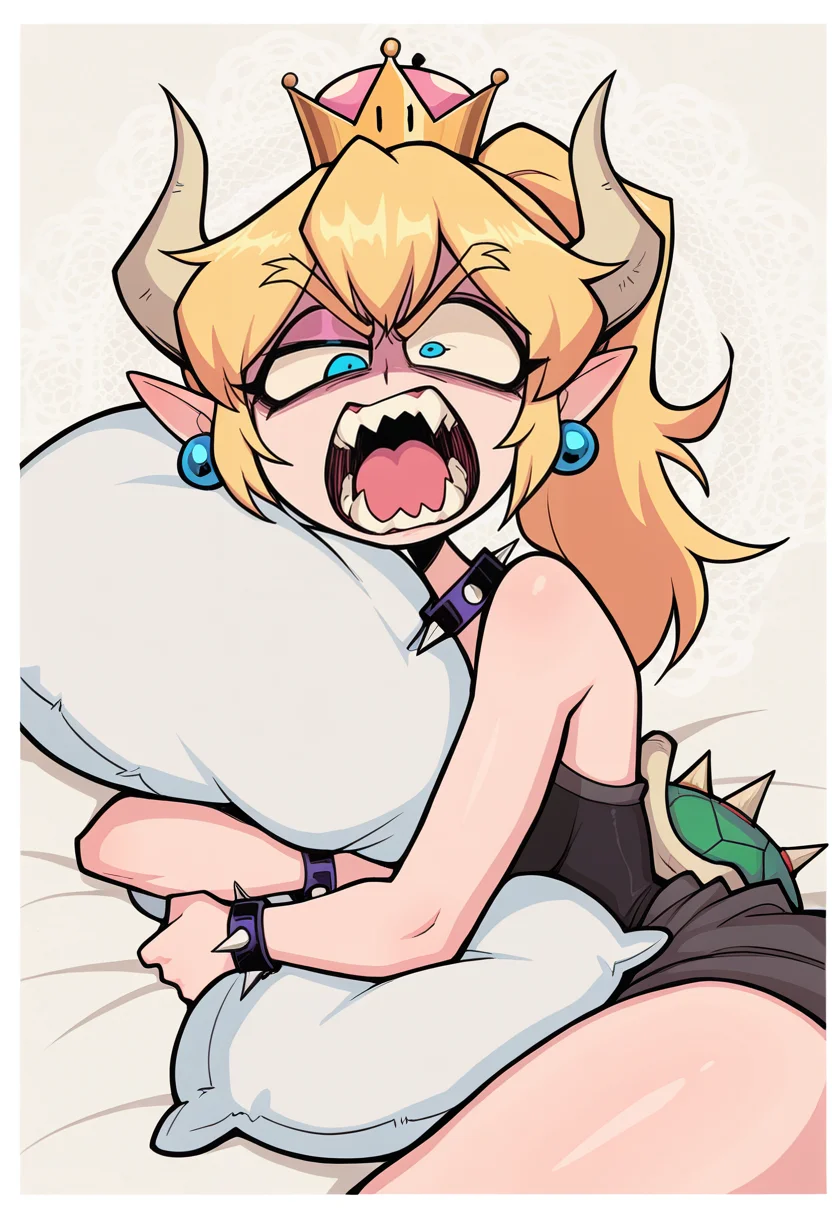 IllustriousQual, masterpiece, best quality, amazing quality, very aesthetic, absurdres, 1girl, solo, white border, lace background
solo, hugging pillow, lying, on side,, angry, rage, furious, half-closed eye, v-shaped eyebrows, open mouth,shouting,, straight on,
<lora:ValbunStyle-IL:0.9> valbun, Bowsette