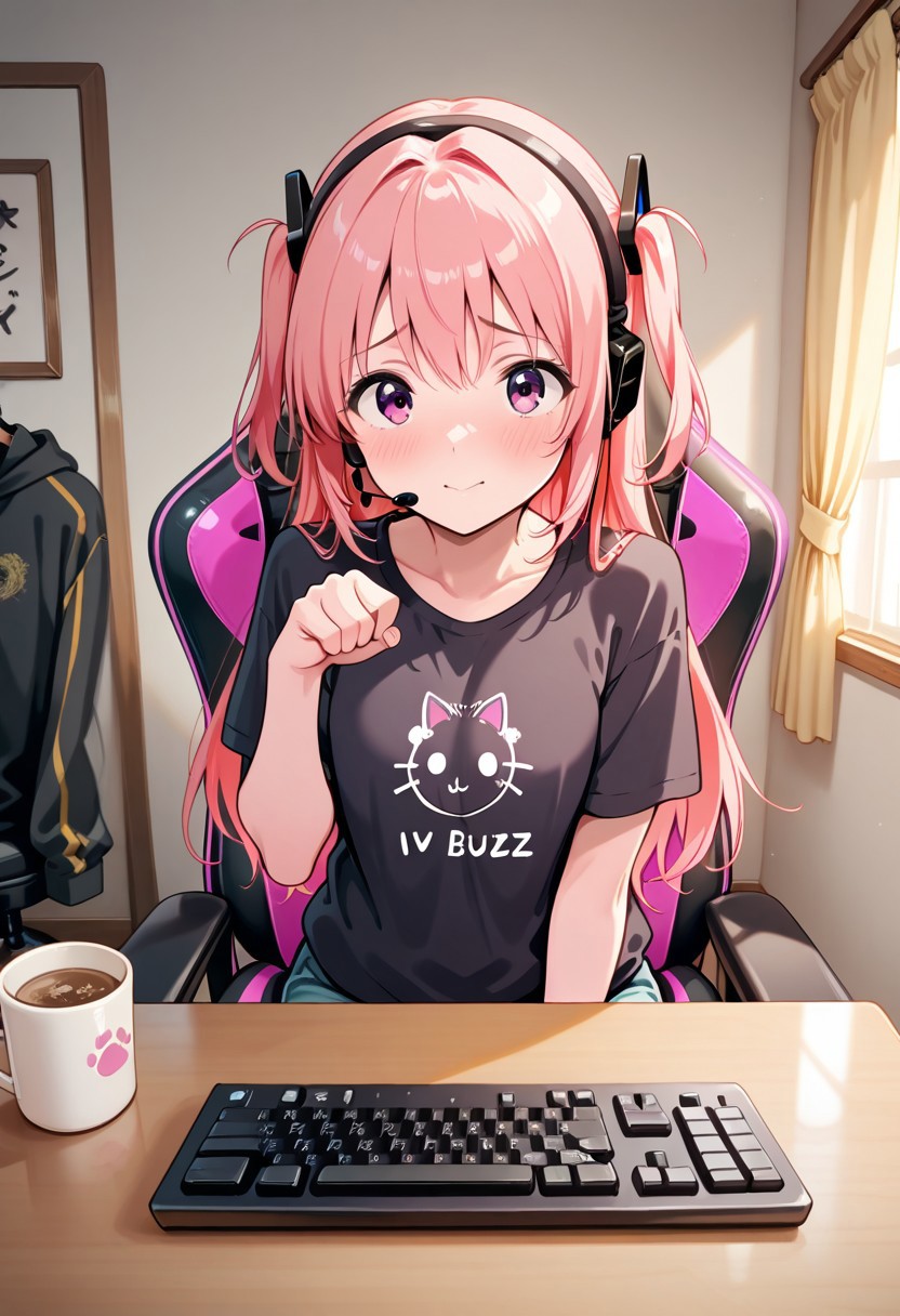 finely detailed, masterpiece, intricate details, beautiful detailed, delicate, best quality, ray tracing, pureerosface_v1,
cute bed room, simple room, curtain, 
pink hair, 1girl, shy face, cat pose, long hair, streamer, live streaming, fancy headset, casual clothes, cute clothes, keyboard, mug on desk, sitting on gaming chair,
buzz, t-shirts, (t-shirts with text "I v Buzz":1.2), text:"I v Buzz", <lora:text:1> 