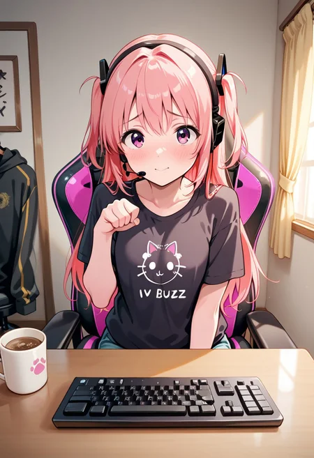 finely detailed, masterpiece, intricate details, beautiful detailed, delicate, best quality, ray tracing, pureerosface_v1,
cute bed room, simple room, curtain,
pink hair, 1girl, shy face, cat pose, long hair, streamer, live streaming, fancy headset, casual clothes, cute clothes, keyboard, mug on desk, sitting on gaming chair,
buzz, t-shirts, (t-shirts with text "I v Buzz":1.2), text:"I v Buzz", <lora:text:1>