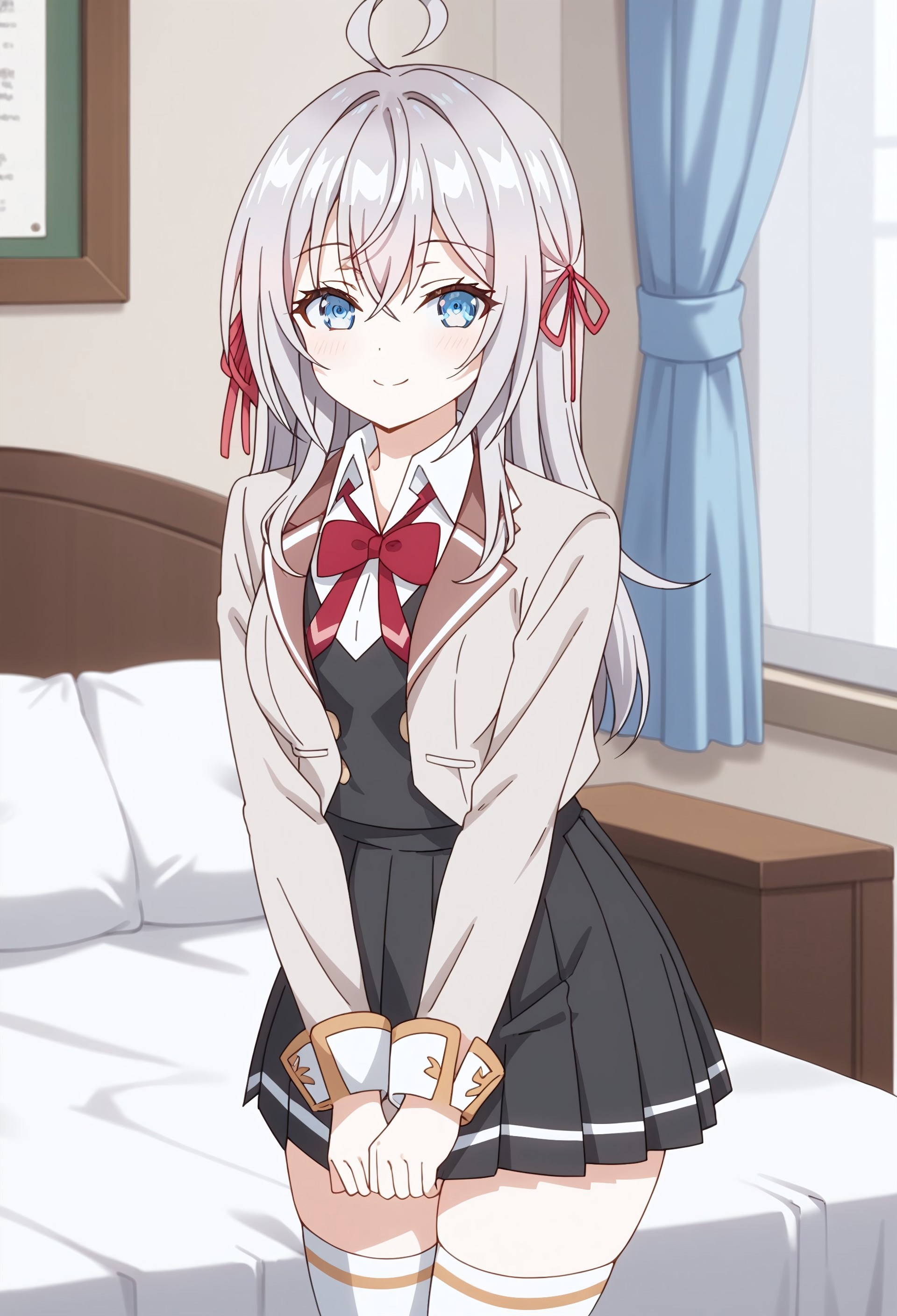 ((score_9)), ((score_8))
bedroom, smile, looking at viewer, cowboy shot, smile, pose, closed mouth, 
<lora:add-detail-xl:1>
alyav4, 1girl, long hair, grey hair, blue eyes, ribbon, hair ribbon,  hair between eyes, school uniform, jacket, shirt, white shirt, blazer, bow, bowtie, collared shirt, red ribbon, long sleeves, skirt, pleated skirt, black skirt, red bow, red bowtie, ahoge, thighhighs, white thighhighs,  <lora:Alya-sanV3-04:0.9>