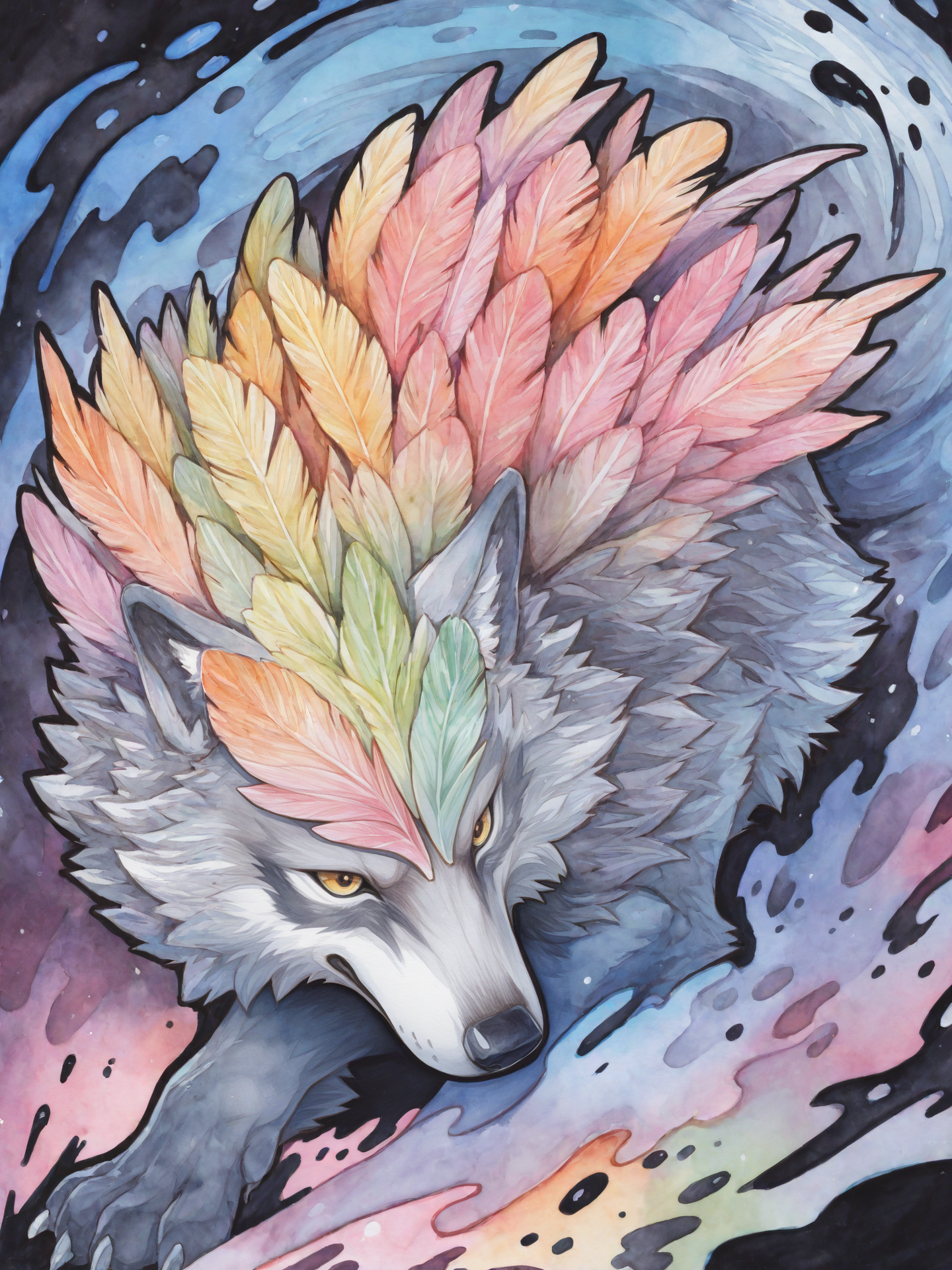 (ornamental watercolor wolf), (ink outline), fine details, feather mane, (ink splash), feral, (watercolor:1.2), colorful,
 BREAK masterpiece, best quality, amazing quality, very aesthetic,highres, absurdres,