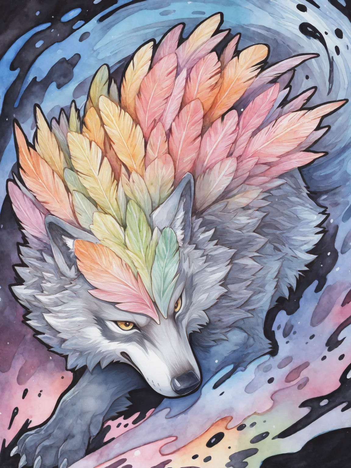 (ornamental watercolor wolf), (ink outline), fine details, feather mane, (ink splash), feral, (watercolor:1.2), colorful,
 BREAK masterpiece, best quality, amazing quality, very aesthetic,highres, absurdres,
