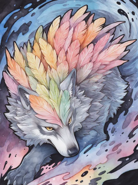 (ornamental watercolor wolf), (ink outline), fine details, feather mane, (ink splash), feral, (watercolor:1.2), colorful,
BREAK masterpiece, best quality, amazing quality, very aesthetic,highres, absurdres,