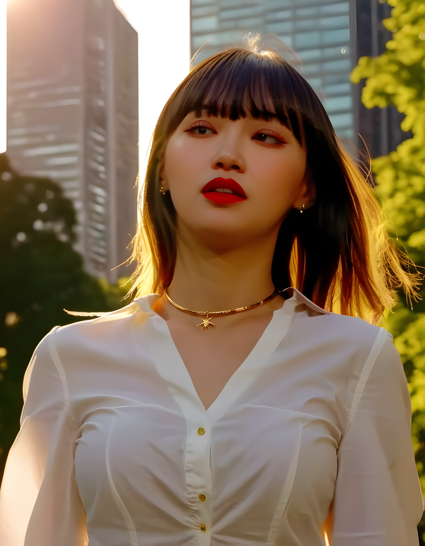 In a bustling city park bathed in the warm golden glow of late afternoon sun, a stunning woman named K1MCWYT with blunt bangs and vibrant red lips is captured from a low angle, gazing introspectively into the distance. Her white shirt billows slightly in the breeze, revealing intricate gold jewelry around her neck and wrists that catch the sunlight. In the background, tall city buildings cast long shadows over the verdant greenery of the park, creating a dynamic contrast between urban life and natural beauty.