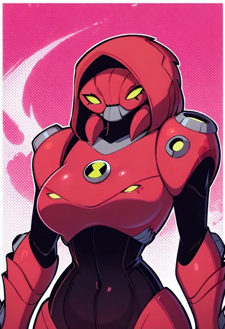 masterpiece, best quality, amazing quality, very aesthetic, absurdres, newest,, detailed background, 
waterhazard, solo, red armor, red hood up, , helmet,  mecha, alien, claws, pink, 1girl
 upper body, halftone effect, white borders, abstract background:1.2,
welith, curvy, busty, black skin, pose,