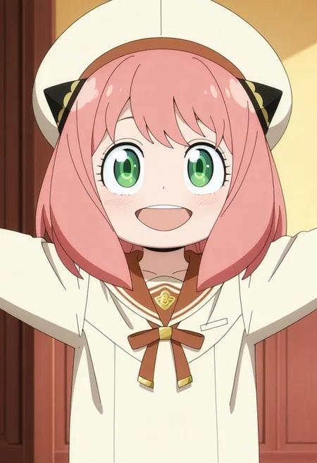 masterpiece,best quality,amazing quality, anya forger, pink hair, female child, child, green eyes, medium hair, 1girl, solo, hat, looking at viewer, open mouth, anime coloring, smile, outstretched arms, school uniform, sailor collar