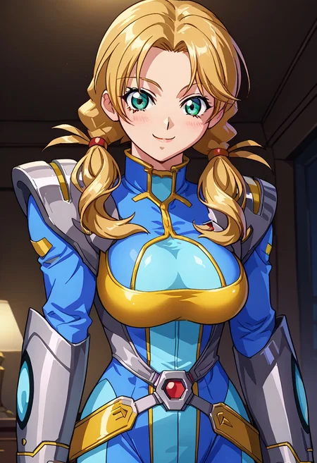score_9, score_8_up, score_7_up, score_6_up, source_anime, anime screencap, 1girl, solo, oldrin, blonde hair, low twintails, green eyes, srwbluepilotsuit, blue bodysuit, pauldrons, wrist guards, metal belt, grey armor, helmet removed, no headwear, large breasts, looking at viewer, light blush, smile, cowboy shot, night, indoors, modern, dark walls, monitor,