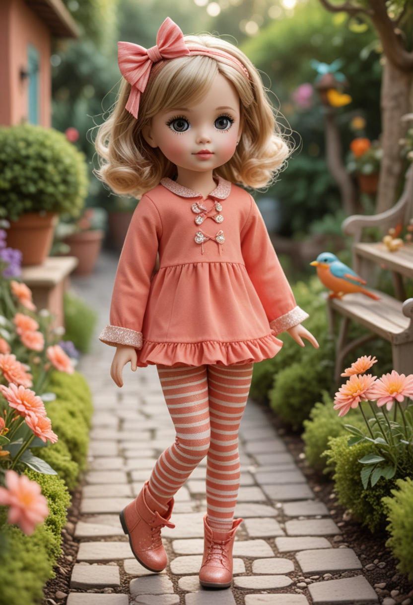 (medium full shot) of (adorable doll)  dressed in a coral modern tunic, striped leggings, tiny boots, glitter eyeshadow, matching bow, dancing at a party, located in  a quaint garden, featuring quaint pathways, lovely flowers, cozy benches, charming birds, in the morning, Masterpiece,best quality, photo, realistic, very aesthetic,