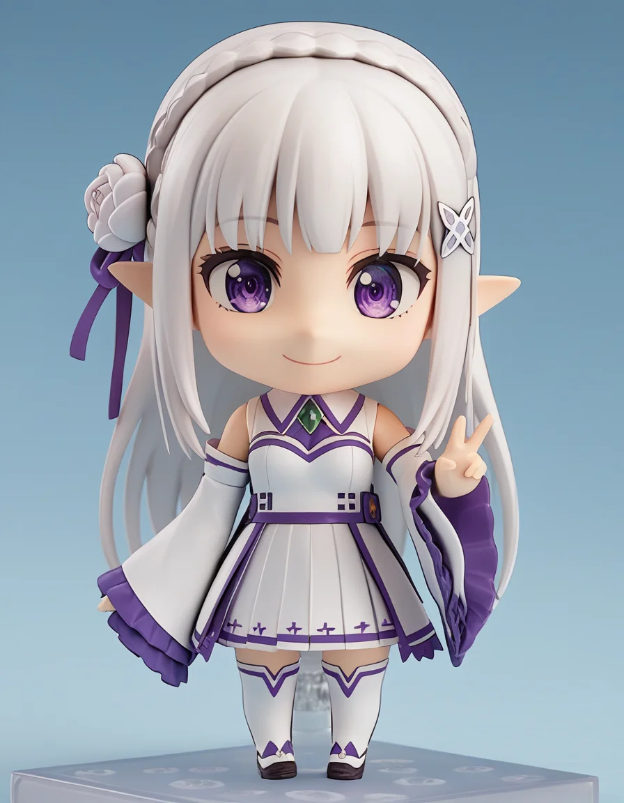 score_9, score_8_up, score_7_up, source_anime, <lora:rezero-emilia-s3-leak-ponyxl-lora-nochekaiser:0.5>, emilia, braid, crown braid, flower, hair flower, hair ornament, hair ribbon, long hair, pointy ears, purple eyes, white hair, x hair ornament, detached collar, detached sleeves, frilled sleeves, frills, long sleeves, miniskirt, pleated skirt, ribbon, skirt, thighhighs, white skirt, white sleeves, white thighhighs, wide sleeves, zettai ryouiki,
<lora:nendoroid-figurines-ponyxl-lora-nochekaiser:1>, nendoroid, 1girl, solo, chibi, 3d, smile, v, v over eye,
