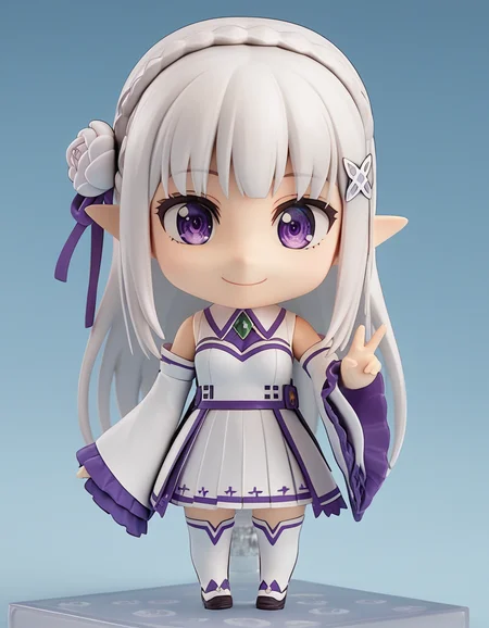 score_9, score_8_up, score_7_up, source_anime, <lora:rezero-emilia-s3-leak-ponyxl-lora-nochekaiser:0.5>, emilia, braid, crown braid, flower, hair flower, hair ornament, hair ribbon, long hair, pointy ears, purple eyes, white hair, x hair ornament, detached collar, detached sleeves, frilled sleeves, frills, long sleeves, miniskirt, pleated skirt, ribbon, skirt, thighhighs, white skirt, white sleeves, white thighhighs, wide sleeves, zettai ryouiki,
<lora:nendoroid-figurines-ponyxl-lora-nochekaiser:1>, nendoroid, 1girl, solo, chibi, 3d, smile, v, v over eye,