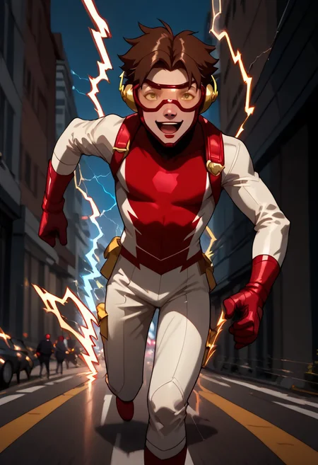 score_9, score_8_up, score_7_up, highly detailed, young boy, 1boy, solo, male focus, Impulseyj, red framed goggles yellow lenz, brown hair, red gloves, red boots, red and white costume, running, electricity, motion blur, motion lines, from front city, street, excited, happy, mouth open, Expressiveh