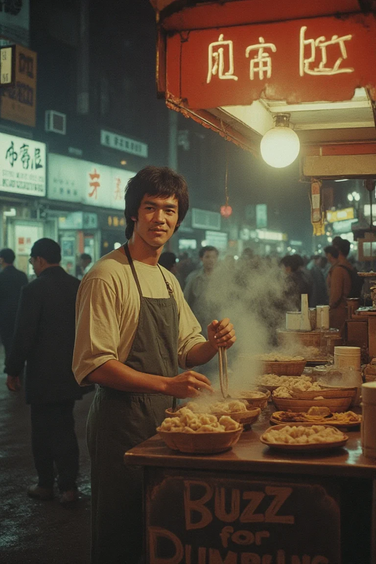Bruce Lee selling dumplings at a vibrant 1970s Beijing street market. He stands behind a small food stall with a sign reading "Buzz for Dumplings." in English. The scene is rich in detail—neon lights, steam rising from bamboo baskets, and a lively crowd in era-appropriate fashion. The marketplace is bustling with merchants, colorful signs, and traditional architecture. Shot in high-fidelity, with bold colors, deep contrast, and cinematic lighting, capturing the grit and energy of the era.