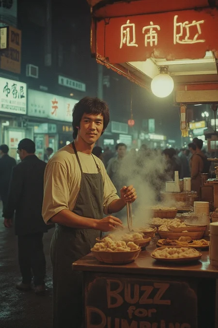 Bruce Lee selling dumplings at a vibrant 1970s Beijing street market. He stands behind a small food stall with a sign reading "Buzz for Dumplings." in English. The scene is rich in detail—neon lights, steam rising from bamboo baskets, and a lively crowd in era-appropriate fashion. The marketplace is bustling with merchants, colorful signs, and traditional architecture. Shot in high-fidelity, with bold colors, deep contrast, and cinematic lighting, capturing the grit and energy of the era.