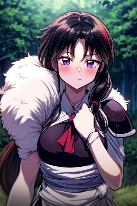 masterpiece, best quality 1girl Setsun4 solo long hair, (night time) forest background black hair very long hair purple eyes multicolored hair armor (fur trim) (medium body),<lora:EMS-179-EMS:0.800000>,<lora:EMS-293862-EMS:0.800000> bow, hair_bow, hair_tubes, red_bow, brown_hair, long_hair, bangs, ascot, frilled_bow, yellow_ascot, blush, smile, hair_between_eyes, athletic, armor, miko