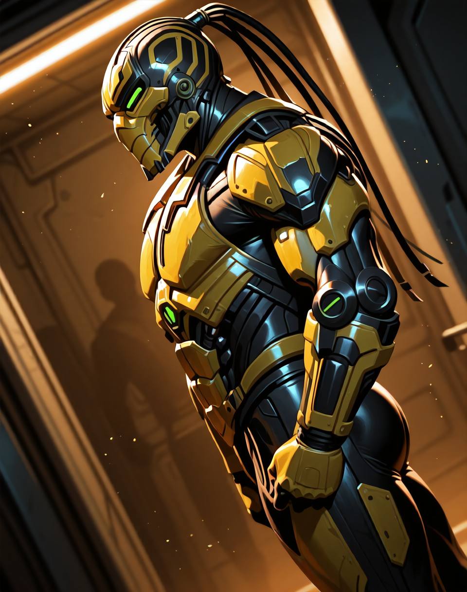 <lora:Cyrax_(Mortal_Kombat)_(Illustrious)_(AD):1.35> Cyrax, robot, Mortal Kombat, 
dutch angle, interior, underground robotic laboratory, 
male chest focus, gradient coloring, villain, end boss, overpowering, side view, butt, 
BREAK very awe, aesthetically pleasing, masterpiece, best quality, amazing quality, very aesthetic, perfect depth of field shot, in'ei,
Smooth Quality, lazympos, IllustQualXL_Pos,