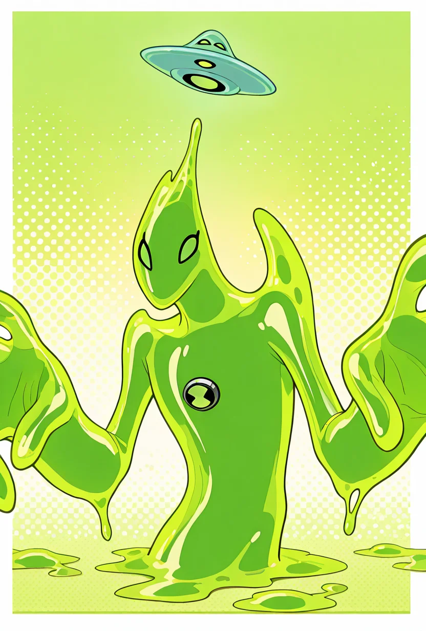 <lora:goop-09:1> goop, solo, no humans, male focus, green skin, pokemon (creature), slime (substance), translucent character, transparent skin, floating small ufo on head, dynamic pose, stretchy limbs, green slime, massive hands,, masterpiece, best quality, amazing quality, very aesthetic, absurdres, newest,, upper body, halftone effect, white borders, abstract background:1.2,