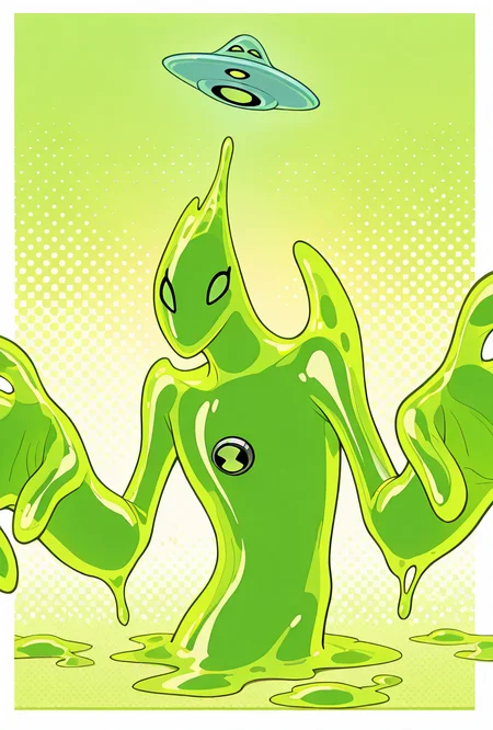 <lora:goop-09:1> goop, solo, no humans, male focus, green skin, pokemon (creature), slime (substance), translucent character, transparent skin, floating small ufo on head, dynamic pose, stretchy limbs, green slime, massive hands,, masterpiece, best quality, amazing quality, very aesthetic, absurdres, newest,, upper body, halftone effect, white borders, abstract background:1.2,