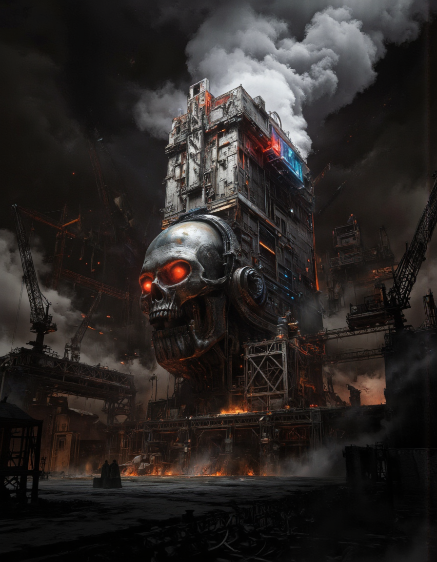 By Arthur Yuan. A digital illustration shoot from a frontal camera angle about a stylized, abstract composition featuring a futuristic, metallic skull with glowing red eyes, set against a dark, smoky industrial background. the skull is positioned in the center of the image, surrounded by a chaotic, industrial setting with smoke, cranes, and other structures. the background is filled with industrial elements such as metal structures, pipes, and machinery, creating a sense of chaos and destruction. on the middle of the skull, a large, metallic structure with intricate details and glowing red and blue accents is visible, emitting a plume of smoke and flames. the overall mood is dark and moody, with a focus on the skull and its surroundings.