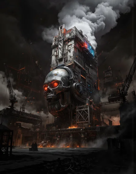 By Arthur Yuan. A digital illustration shoot from a frontal camera angle about a stylized, abstract composition featuring a futuristic, metallic skull with glowing red eyes, set against a dark, smoky industrial background. the skull is positioned in the center of the image, surrounded by a chaotic, industrial setting with smoke, cranes, and other structures. the background is filled with industrial elements such as metal structures, pipes, and machinery, creating a sense of chaos and destruction. on the middle of the skull, a large, metallic structure with intricate details and glowing red and blue accents is visible, emitting a plume of smoke and flames. the overall mood is dark and moody, with a focus on the skull and its surroundings.