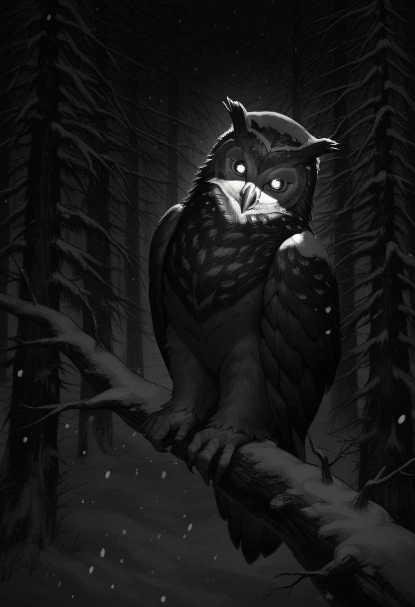 Graphic Design, greyscale, monochrome, intricate details, high contrast, detailed background, beautiful detailed, beautiful face, detailed eyes, detailed face, new, z41ch1k, animal focus, bird, owl, sitting on branch, glowing eyes, no humans, scenery, very aesthetic, forest, night, winter, snow, snowing, from side, tree, looking at viewer, head tilt, (masterpiece, best quality, newest, recent, absurdres), 