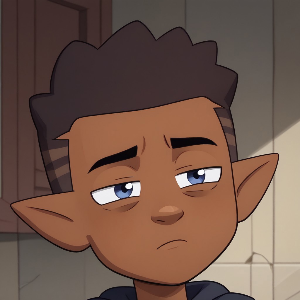 brown skin and dark brown hair with lighter shades, pointy ears, dark blue eyes,