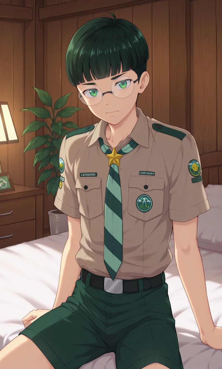 1boy, male focus, slim, Leonard, solo, male focus, closed mouth, looking at viewer, green eyes, green hair, glasses, brown-grey shirt, black belt, green shorts, green stripped necktie, star on neckerchief, short sleeves, shaded, sitting, on bed, cabin, single bed, indoors plants, indoors, (masterpiece:1.35), (very aesthetic, best quality:1.3), detailed shading, detailed skin, realistic shading, highly detailed, intricate details, masterful composition, cinematic lighting, close-up, <lora:Leonard_XL_V10_ILL:1>