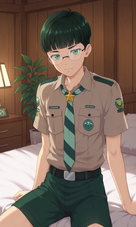 1boy, male focus, slim, Leonard, solo, male focus, closed mouth, looking at viewer, green eyes, green hair, glasses, brown-grey shirt, black belt, green shorts, green stripped necktie, star on neckerchief, short sleeves, shaded, sitting, on bed, cabin, single bed, indoors plants, indoors, (masterpiece:1.35), (very aesthetic, best quality:1.3), detailed shading, detailed skin, realistic shading, highly detailed, intricate details, masterful composition, cinematic lighting, close-up, <lora:Leonard_XL_V10_ILL:1>