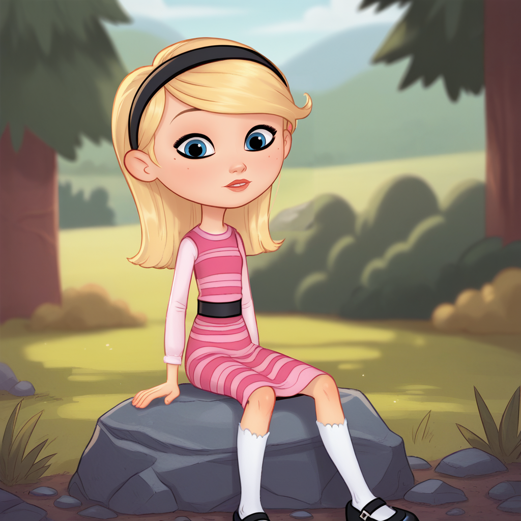 score_9_up, score_8_up, BREAK, 1girl, solo, PennyPeterson, blonde hair, blue eyes, hairband, pink dress, striped dress, white shirt, long sleeves, white socks, mary janes, sitting on rock, <lora:Penny_Peterson_PXL_Leaf2:1>, outdoors, depth of field,