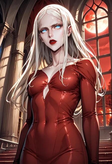score_9, score_8_up, score_7_up, source_anime, (Masterpiece), (anime, illustration), 4k, high res, highest quality, ray tracing, perfect eyes,
BREAK,
A beautiful woman stands in a tight-fitting, red dress, 
Carmilla, Carmilla(Castlevania), Carmilla_(Castlevania), 1woman, vampire, pale skin, albino, red dress, long dress, pauldrons, long hair, white hair, long hair, (blue eyes:1.2), by a window, 
Red sky, full moon, castle,