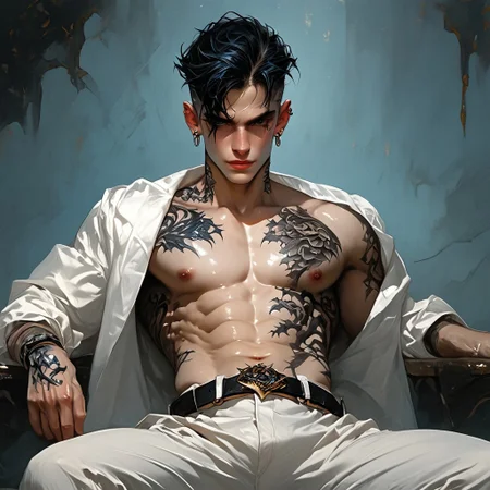 score_9, score_8_up, score_7_up, masterpiece, ultra-realistic 8k, (best quality), (lots of details), (intricate details), perfect male painting, detailed painting, inrticate, realistic skin, (male focus), (unique angle), day, 1boy, adult, sitting on a bench in the park, spread legs, spread arms, masculine, muscule, black hair, short hair, undercut hair, open mouth, bare chest, bare shoulders, (abs:0.6), belt, white cargo pants, white unbuttoned jacket, gloves, (tattoo:1.8), shiny skin, smirk, looking at viewer, many adult boys around, cinematic angle, cinematic lighting, blue hue, glare and reflections, highres textures, Expressiveh