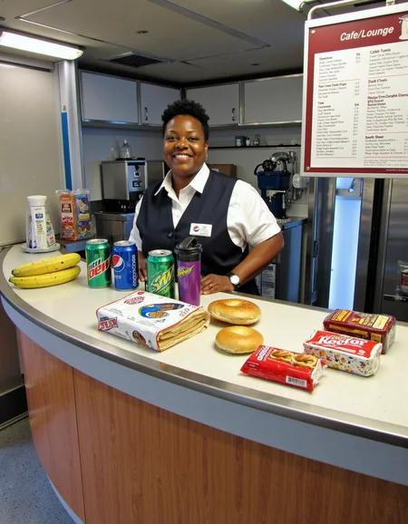 A medium shot capturing a smiling female café attendant standing behind a snack counter inside a train. The woman, of African descent and medium build, is dressed in a professional uniform consisting of a white shirt, a dark vest, and a name tag pinned to her vest. She is positioned at the center of the frame, behind a curved counter, with various food and drink items displayed in front of her. On the counter are several snacks and drinks, including a banana, a bagel, cans of Pepsi, Mountain Dew, Sprite, packaged sandwiches, and snack packs. A menu board labeled "Café/Lounge" is visible on the right side of the image, listing the available items and prices. The countertop is clean and neatly organized, with items placed in a row. The background shows the interior of the trainâs café area, with silver kitchen equipment such as a drink machine and cup dispensers visible behind her. The lighting is bright and clean, highlighting the sleek and modern look of the café car. Overall, the scene is well-lit and captures a welcoming atmosphere, with the attendant smiling warmly at the camera, ready to serve customers. The train setting adds a dynamic, on-the-go feel to the image <lora:amateurphoto-v6-forcu:0.8>
