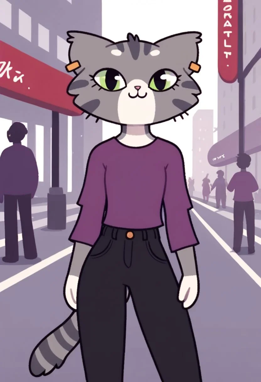 score_9, score_8_up, score_7_up,
MinimalStyle,
1girl,
albatrya, cat girl,
purple shirt and pants, gray fur,
downtown street, city background,
smiling,
green eyes