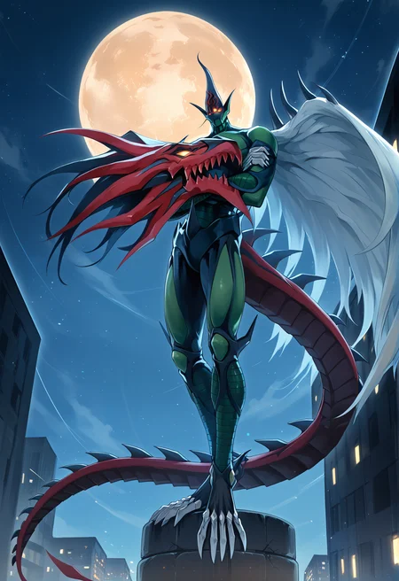 (score_9:0.9),score_8_up,score_7_up,rating_safe,anime style,(zPDXL),(zPDXL3),<lora:E hero flame wingman ponyXL v1.1:0.76>, elemental hero flame wingman, full moon, solo, 1boy, glowing eyes, spikes, night sky, demon boy, male focus, white wing, skyscraper, crossed arms, standing on tower, no mouth