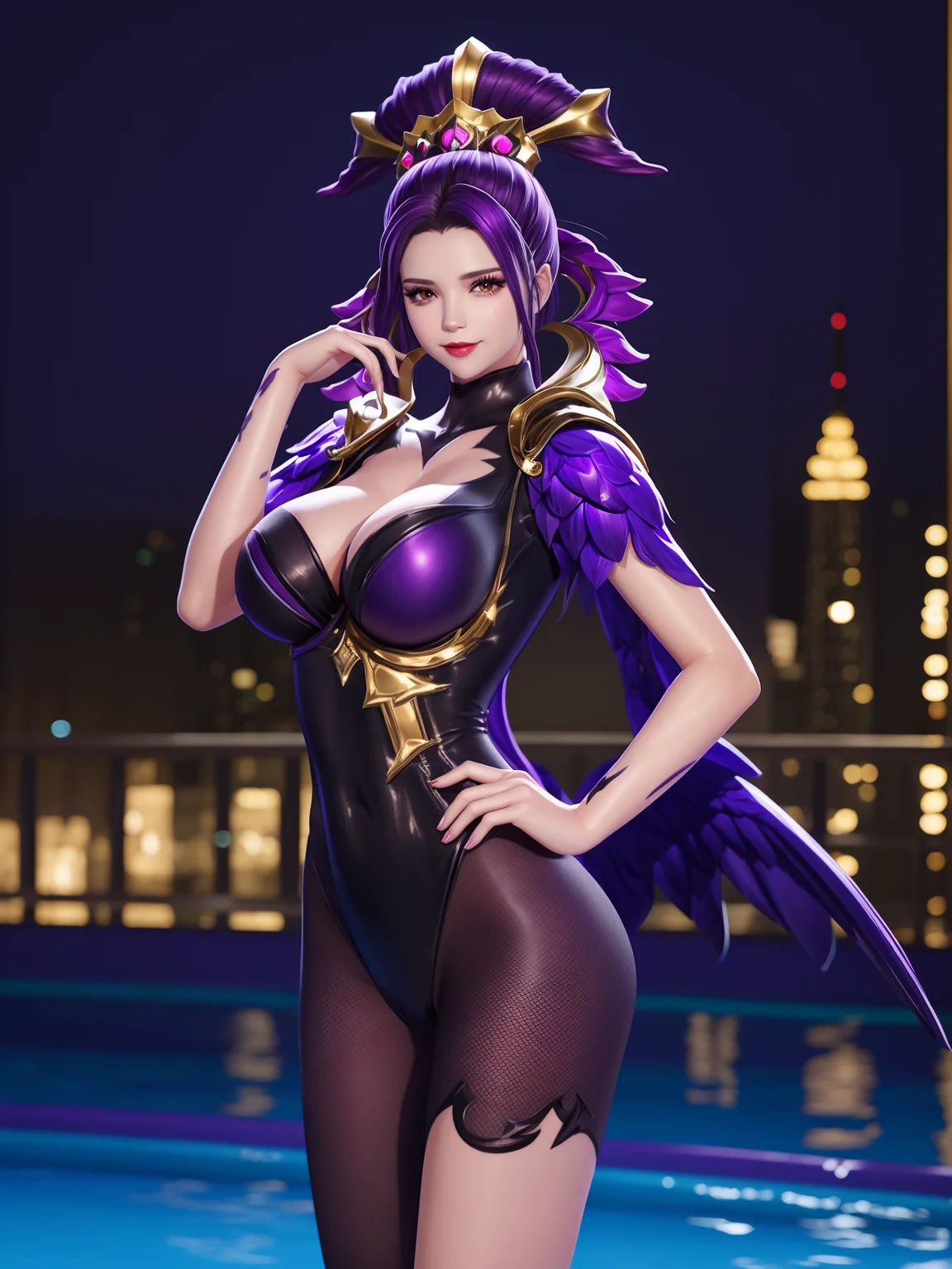 WZRYmiyueYP, 1girl, solo,breasts, looking at viewer, purple hair, headgear, wings, red eyes, large breasts, cityscape, night, mature female, pool, asymmetrical legwear, bodysuit, hand on hip,clothing cutout, makeup, cowboy shot, eyelashes, long hair,  <lora:WZRYmiyueYPmmm:0.75>,seductive smile,
