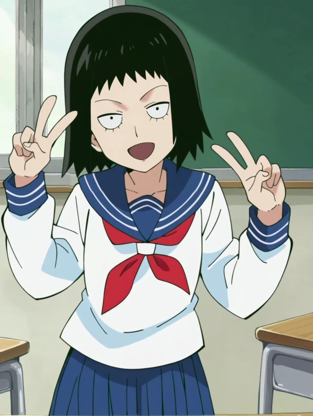score_9, score_8_up, score_7_up, score_6_up, score_5_up, score_4_up,, source_anime,rating_safe,, ,
, BREAK, uncensored,
1girl, smile, open mouth, looking at viewer, ,
<lora:mobp_kuratatome:1>, kuratatome, medium hair, black hair, sanpaku, black legwear, blue skirt, long sleeves, pleated skirt, school uniform, serafuku,
solo,
classroom,
anime screencap, v,
open mouth, standing, hip,
