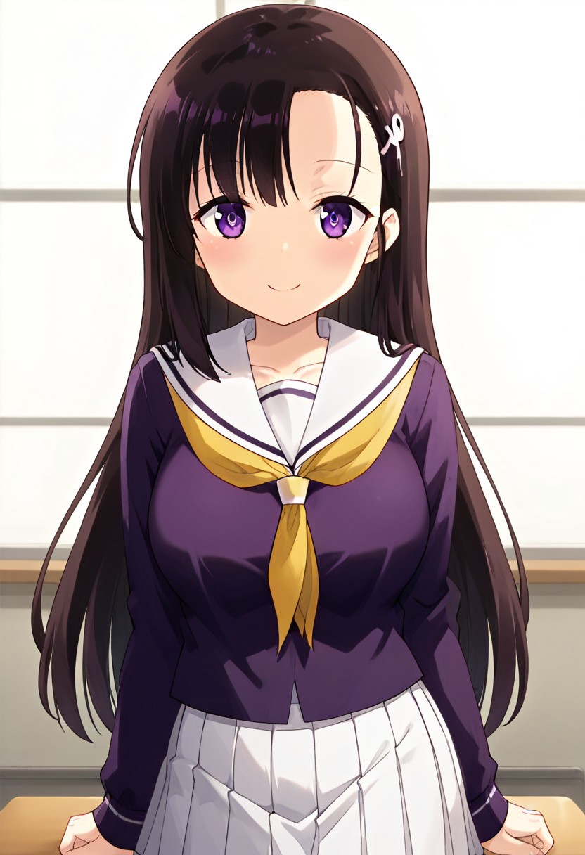 Score 9, Score 8, Score 7, Score 6, Score 5, Score 4, 1 girl, Original anime, Hitomi Hino, Long hair, Black hair, Hair ornament, Large breasts (Purple eyes: 1.2),
 skirt, alone, school uniform, pleated skirt, serafuku, white skirt, shirt, purple shirt , sailor collar, white sailor collar, long sleeves, scarf, yellow, smile, (artwork: 0.8), (beautiful detailed eyes: 1.2), perfect lighting, extremely detailed CGI, (perfect anatomy; 1.2),( standing; 1.2)