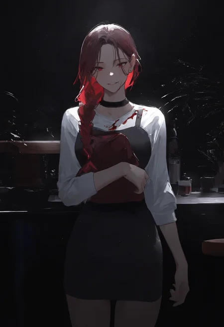 masterpiece, best quality, newest, absurdres, highres, very awa, indoors, simple background, dark background, black background, cowboy shot, 1girl, braided ponytail, pinafore dress, braid, solo, shirt, black choker, red hair, holding, long sleeves, long hair, sidelocks, blood on clothes, ringed eyes, ambient occlusion, intricate background, low lighting, rim light, ethereal particles, dappled light, cowboy shot